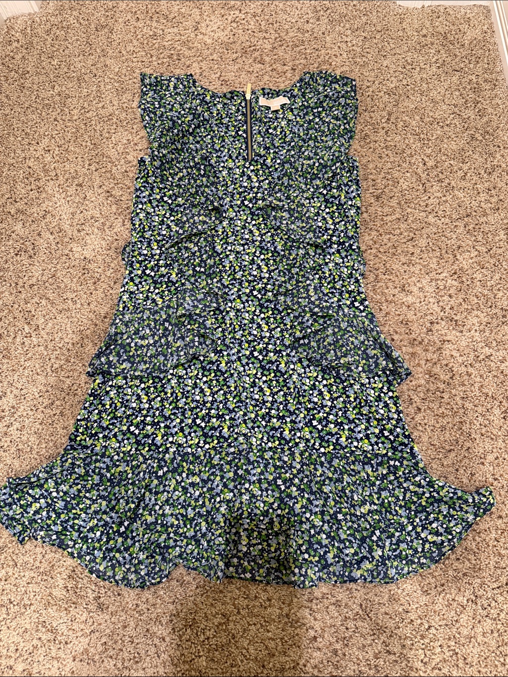Michael Kors Navy Floral Tiered Ruffle Dress With Lime Accents